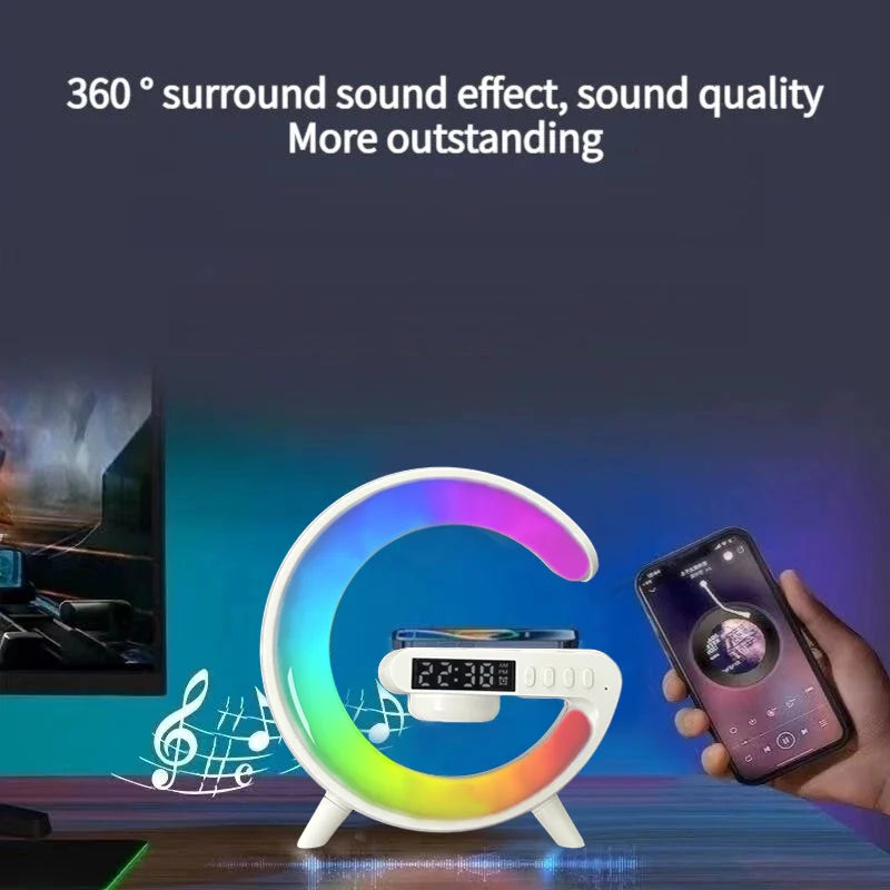 Wireless Charging Station With Bluettooth Speaker, Night Light Lamp And Alarm Clock