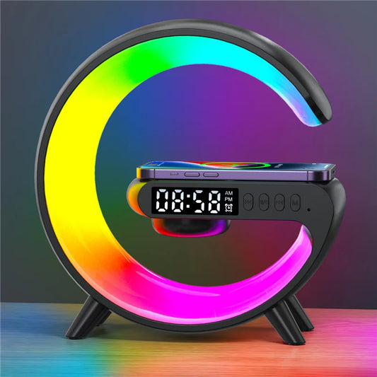 Wireless Charging Station With Bluettooth Speaker, Night Light Lamp And Alarm Clock