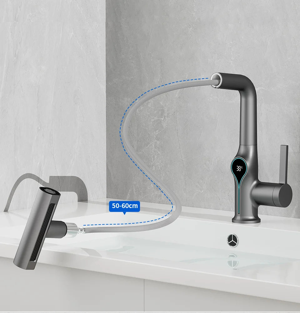 Waterfall/Stream Sprayer Faucet With Digital Temperature Display