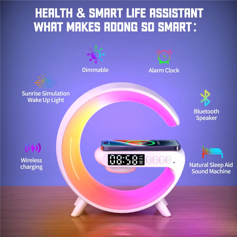 Wireless Charging Station With Bluettooth Speaker, Night Light Lamp And Alarm Clock