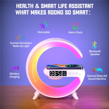 Wireless Charging Station With Bluettooth Speaker, Night Light Lamp And Alarm Clock